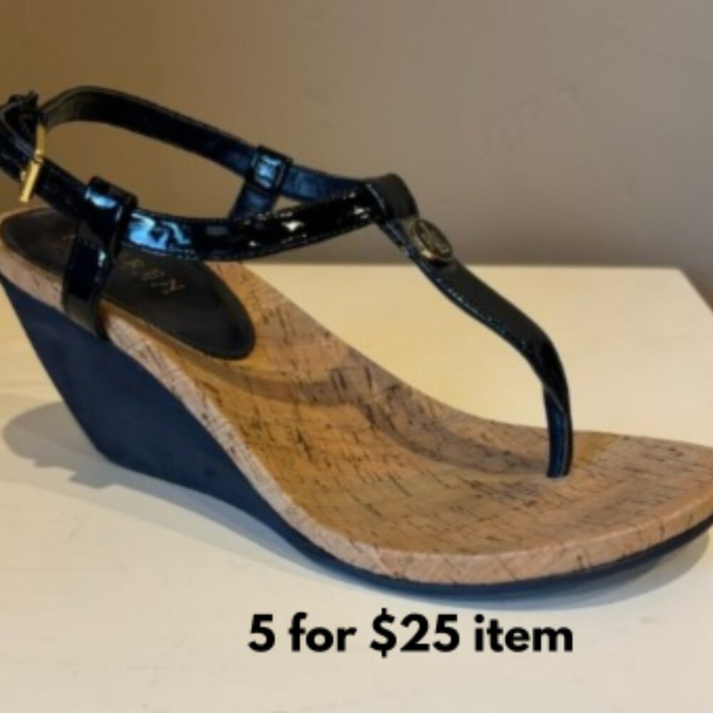 Navy Patent Leather Wedge Sandals